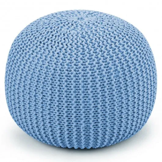 100% Cotton Hand Knitted Pouf Floor Seating Ottoman-Blue