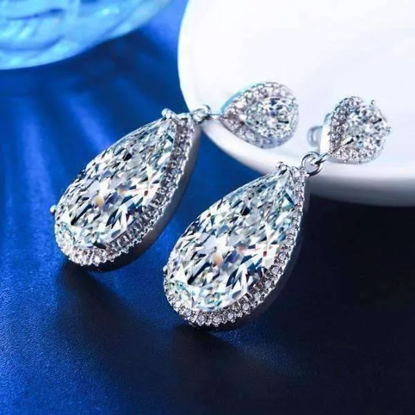 14K White Gold Plated Diamond White Stardust Infused 25.5 CTW Pear Shape Austrian Crystal Chandelier Earrings for Women Special Occasion