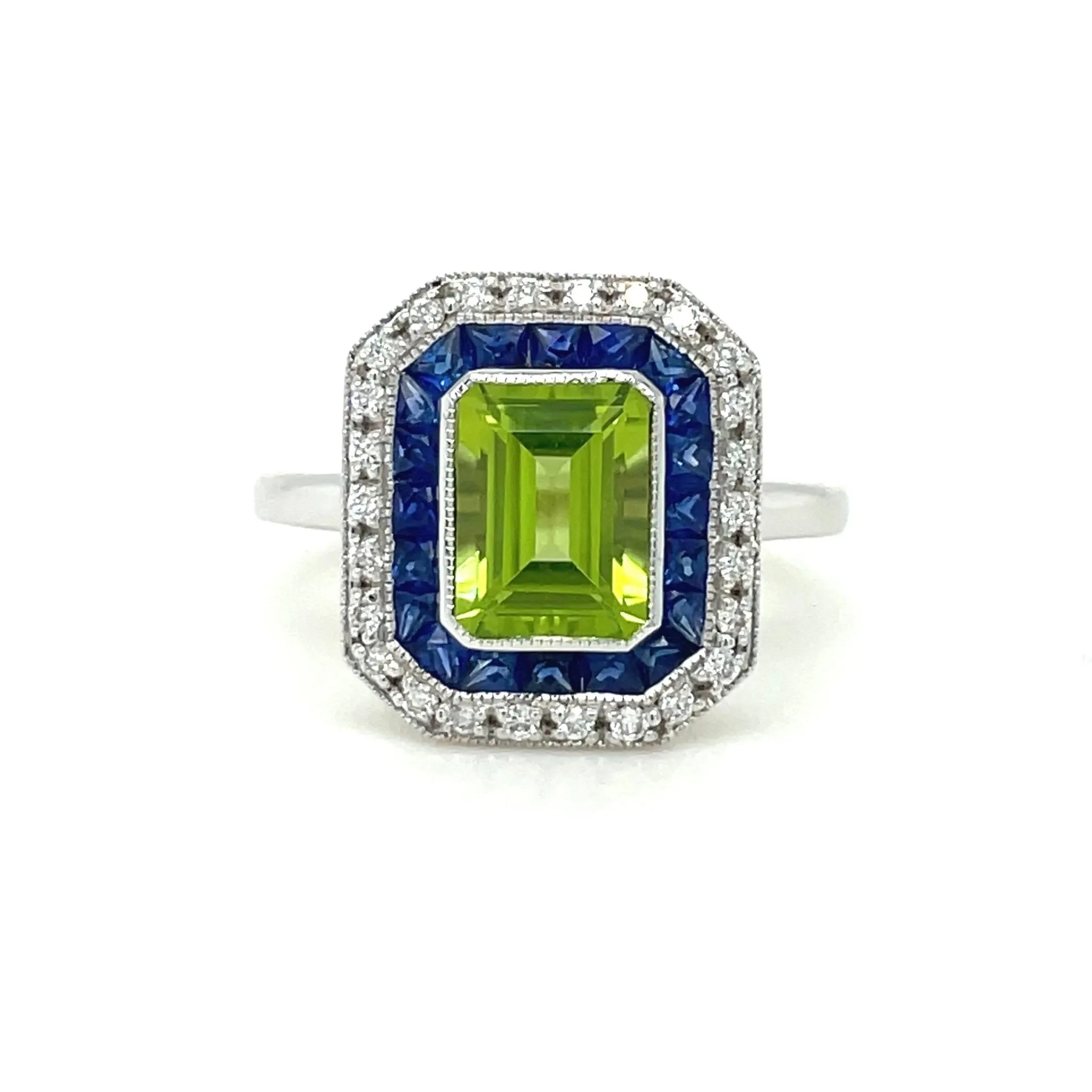 18ct White Gold Diamond, Peridot & Sapphire Target Cluster Ring