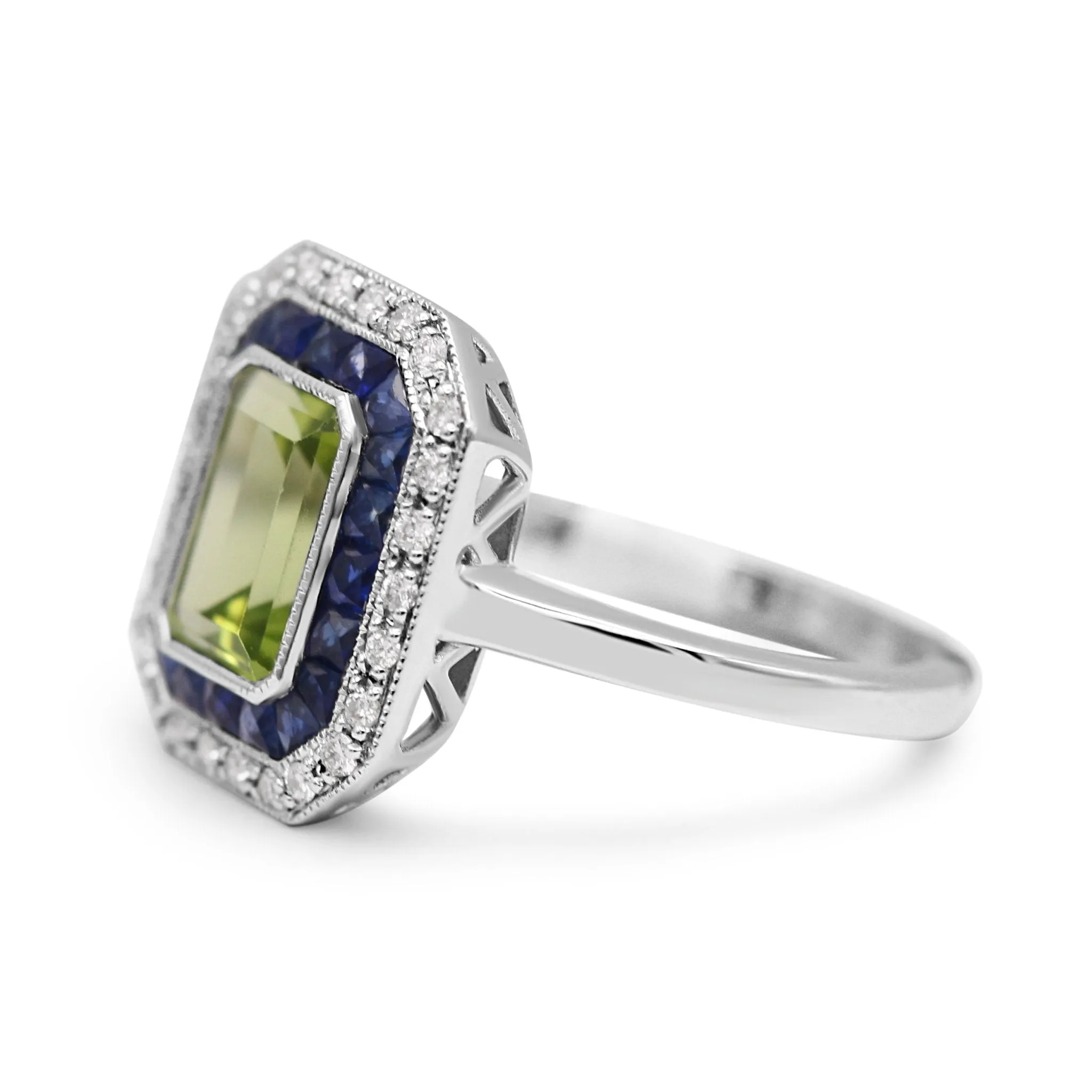 18ct White Gold Diamond, Peridot & Sapphire Target Cluster Ring