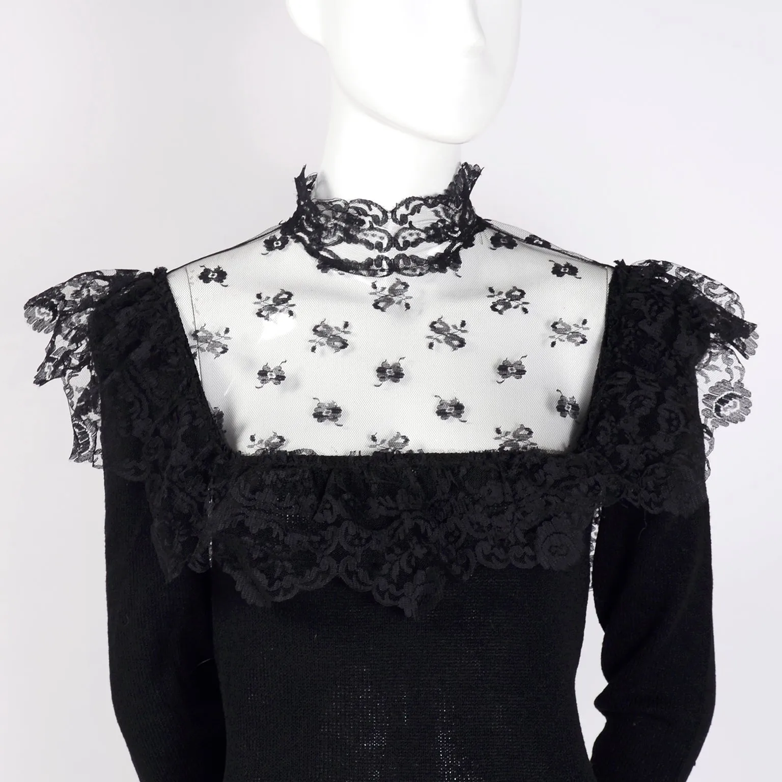 1970s Adolfo Vintage Dress Black Knit w/ Lace & High Neck Collar