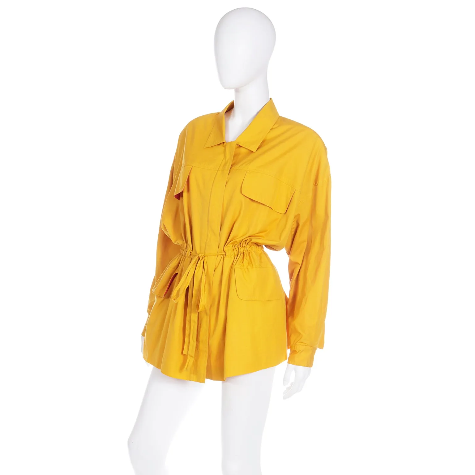 1980s Vintage Donna Karan Drawstring Mustard Yellow Cotton Coat