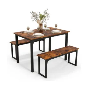 3 Pieces Space-Saving Dining Breakfast Table Set with 2 Benches-Coffee