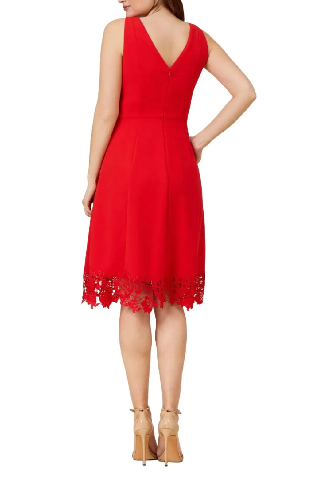 Adrianna Papell Day Stretch Knit Crepe Midi-Length Fit-And-Flare Crepe Dress with Lace Trim