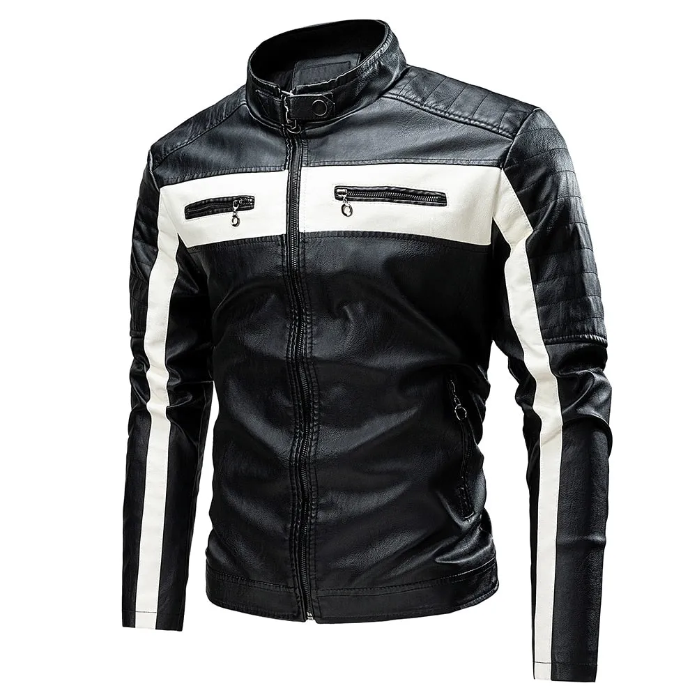 Advbridge  Winter Casual Motor Spliced Leather Jacket Coat Men Autumn Fashion Biker Vintage Warm Leather Jacket Coat Men