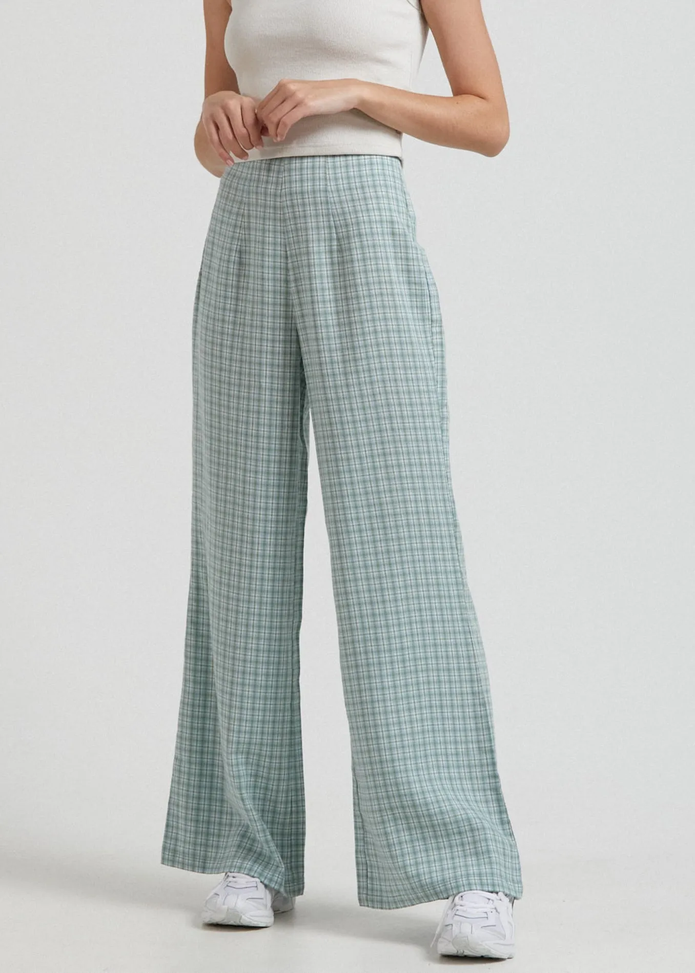 Afends Womens Billy - Hemp Check High Waisted Pants - Moss Check