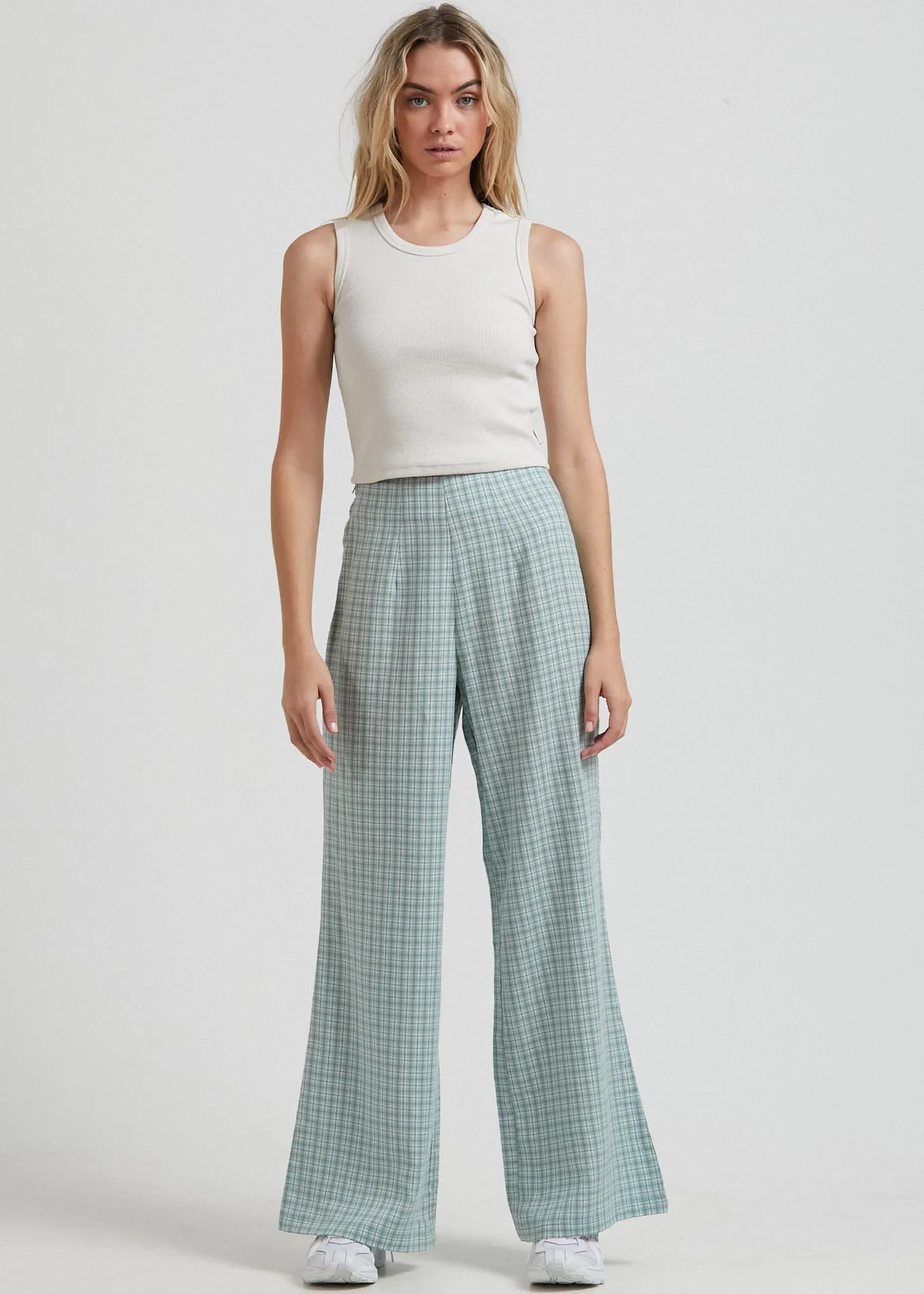 Afends Womens Billy - Hemp Check High Waisted Pants - Moss Check