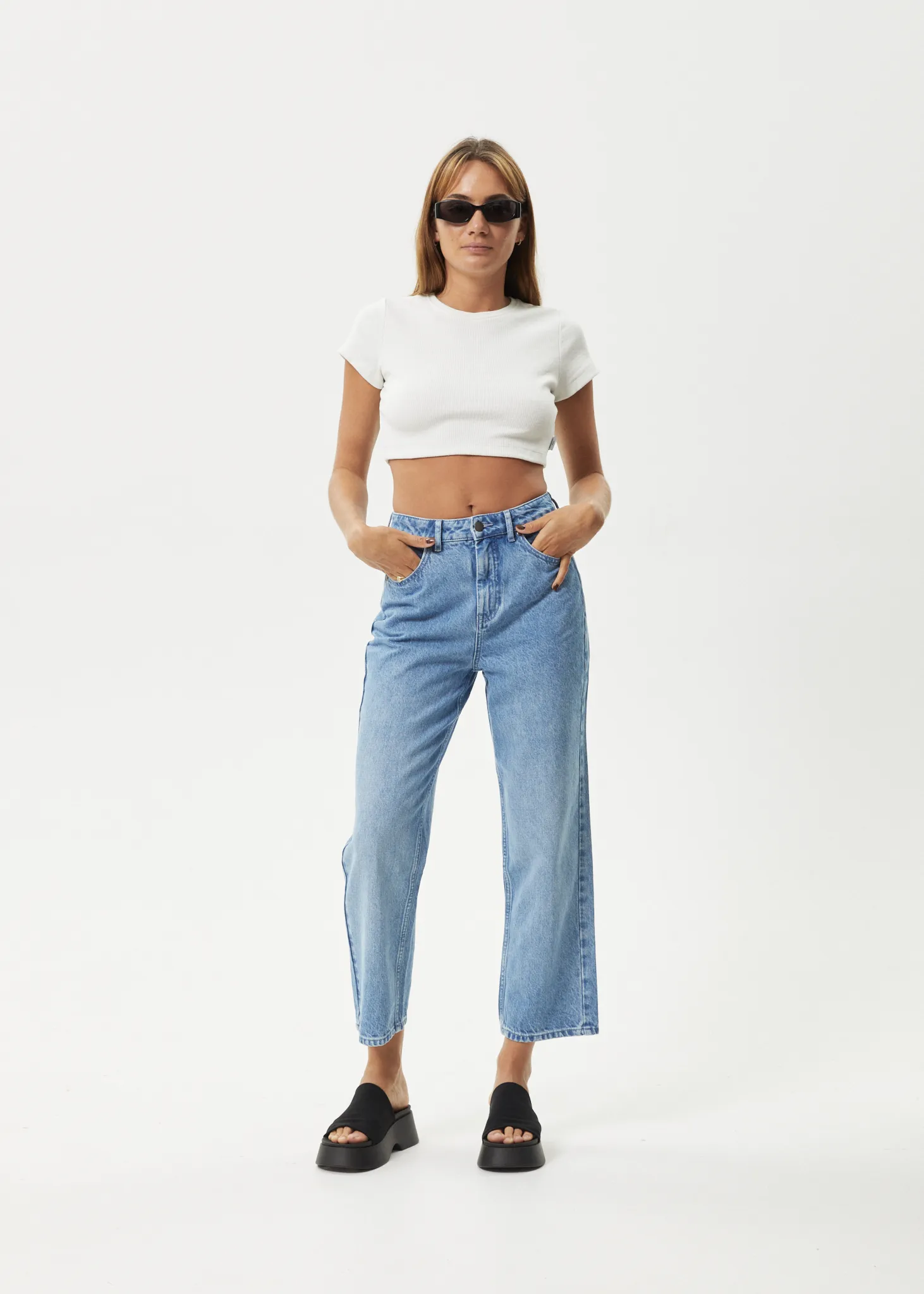 AFENDS Womens Shelby - Denim Cropped Straight Leg Jeans - Worn Blue