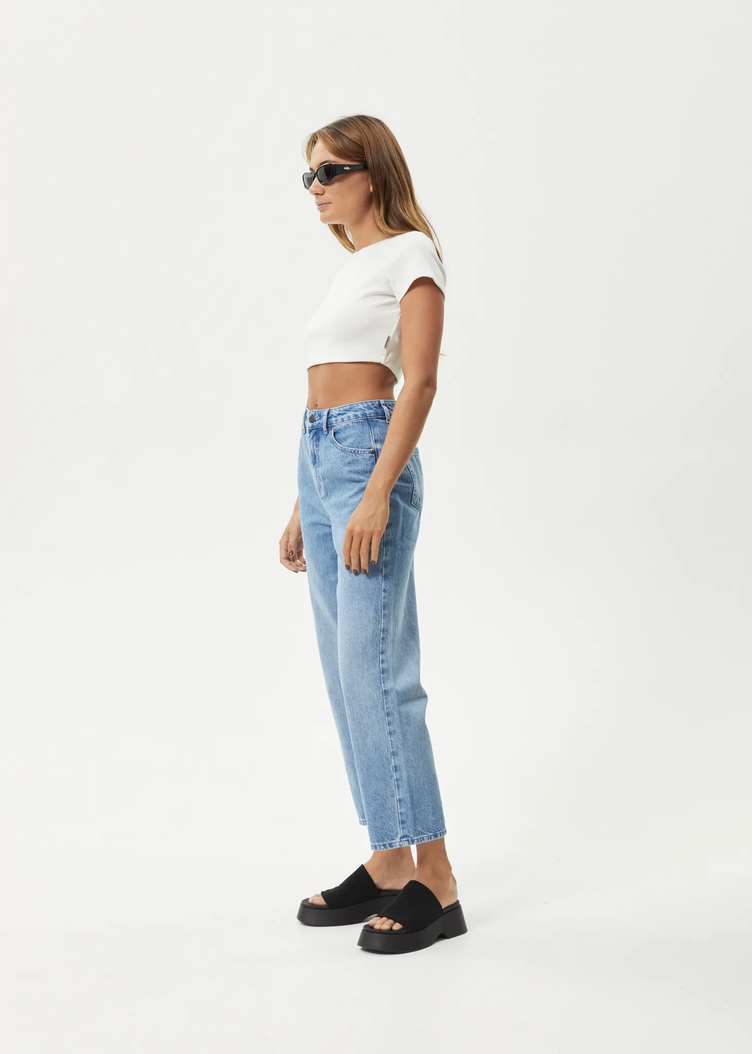 AFENDS Womens Shelby - Denim Cropped Straight Leg Jeans - Worn Blue