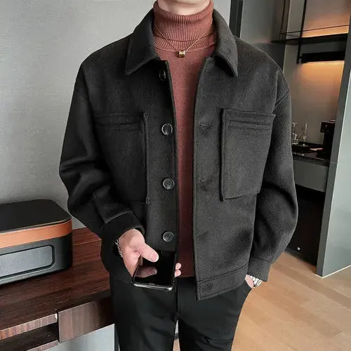 Aidase British Style Winter Short Woolen Coat Men Warm Fashion Pocket Casual Cloth Jacket Men Streetwear Loose Woolen Coat S-3XL