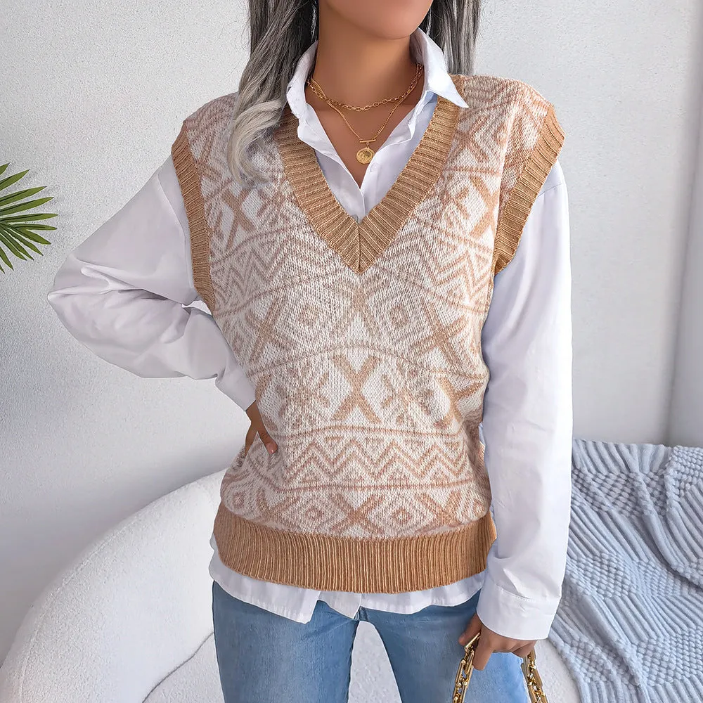 Autumn Winter Christmas Snowflake V-Neck Knitted Vest Sweater