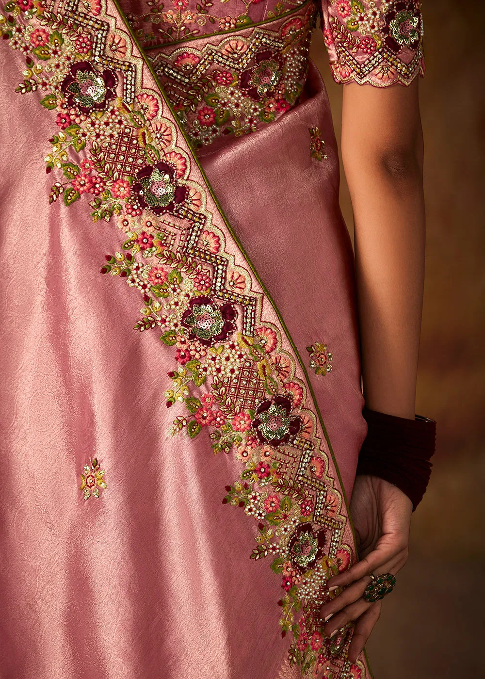 Baby Pink Wedding Wear Embroidered Kanjivaram Silk Saree