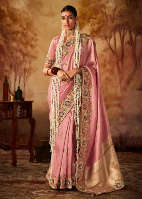 Baby Pink Wedding Wear Embroidered Kanjivaram Silk Saree