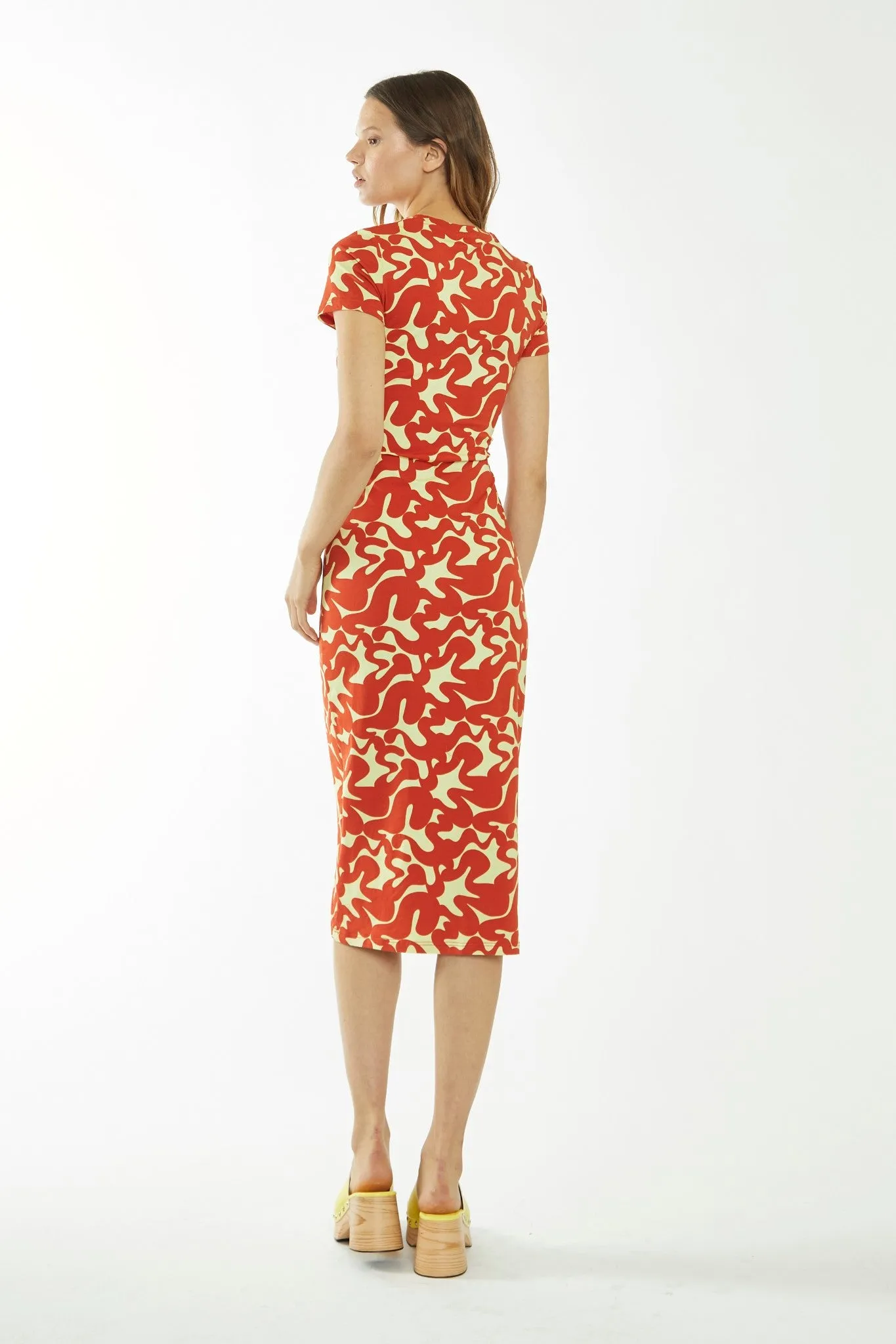 Banana-Orange Squiggle Jersey Midi Dress