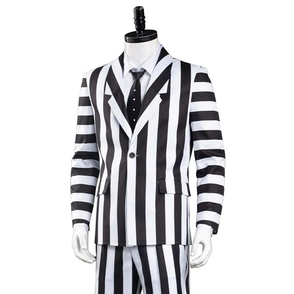 Beetlejuice Adam Men Black and White Striped Suit Jacket Shirt Pants Outfits