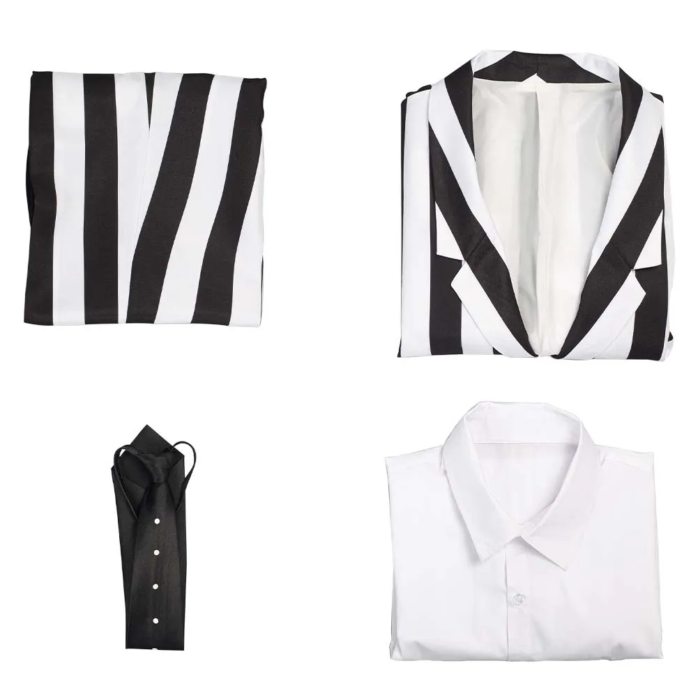 Beetlejuice Adam Men Black and White Striped Suit Jacket Shirt Pants Outfits