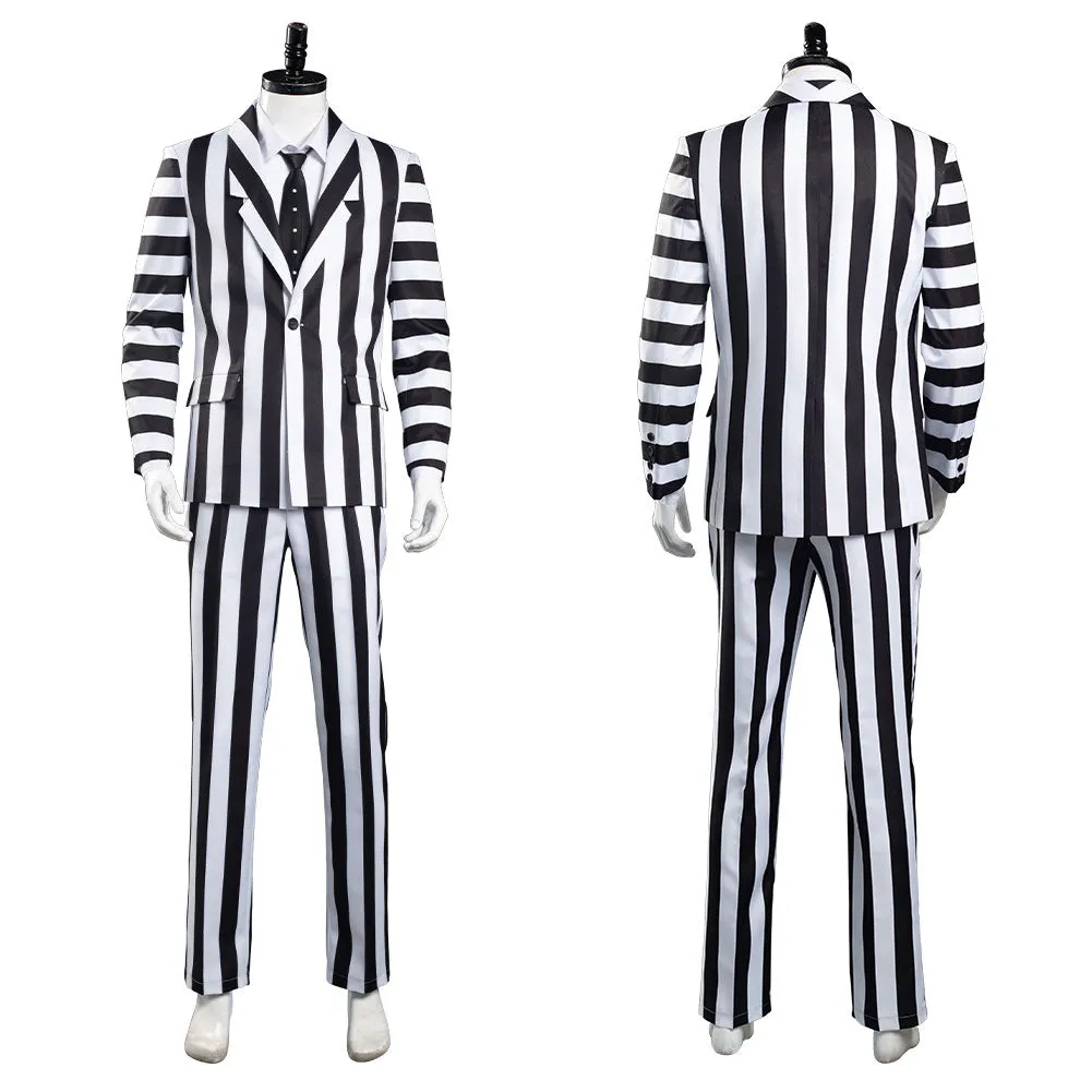 Beetlejuice Adam Men Black and White Striped Suit Jacket Shirt Pants Outfits