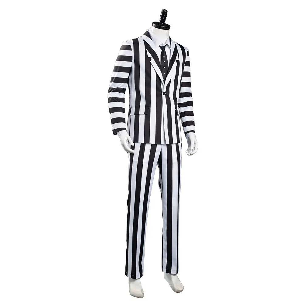 Beetlejuice Adam Men Black and White Striped Suit Jacket Shirt Pants Outfits