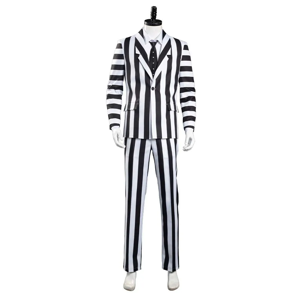 Beetlejuice Adam Men Black and White Striped Suit Jacket Shirt Pants Outfits