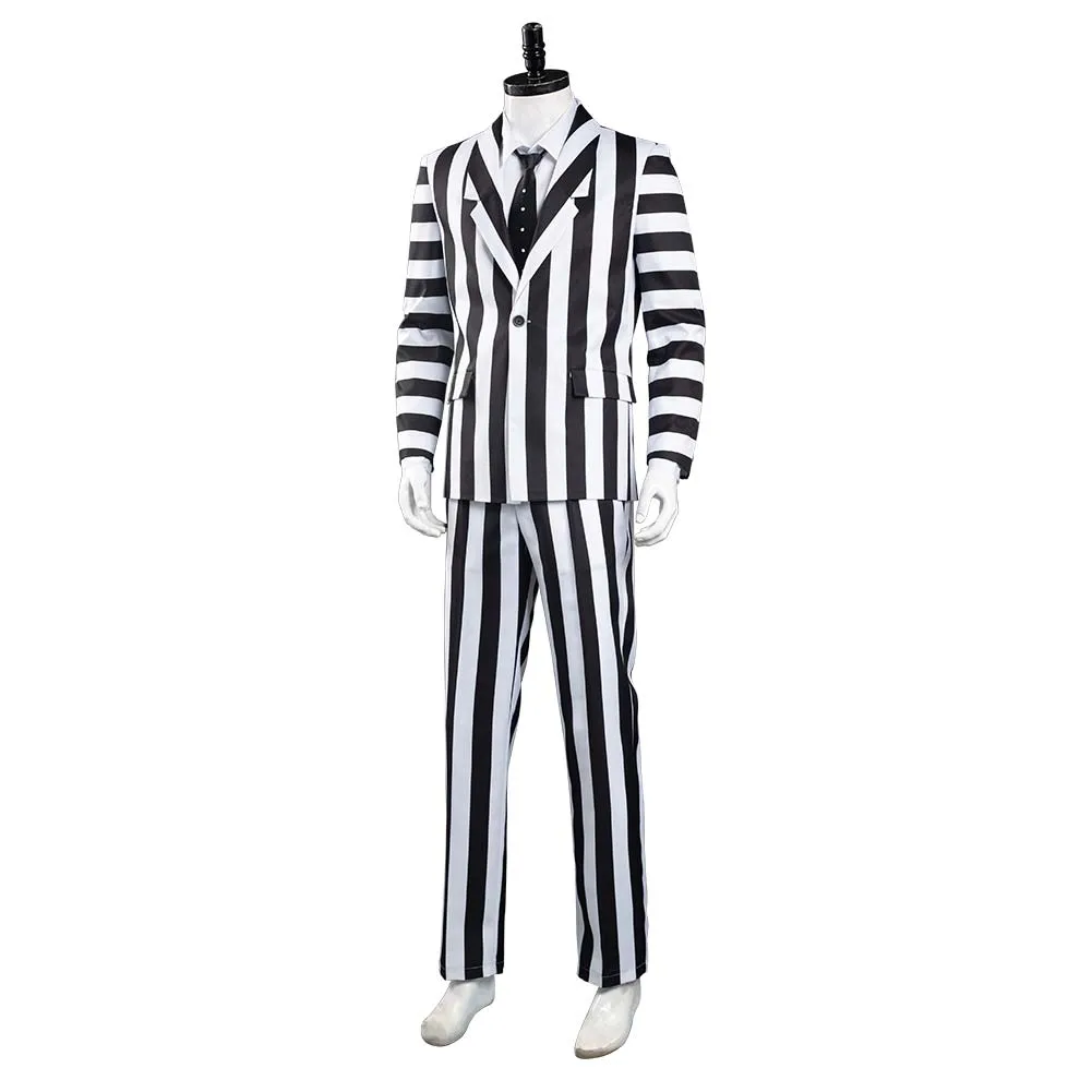 Beetlejuice Adam Men Black and White Striped Suit Jacket Shirt Pants Outfits