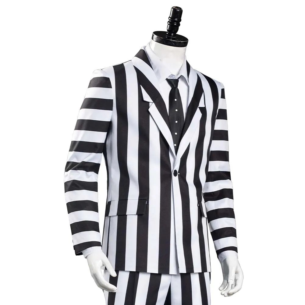 Beetlejuice Adam Men Black and White Striped Suit Jacket Shirt Pants Outfits