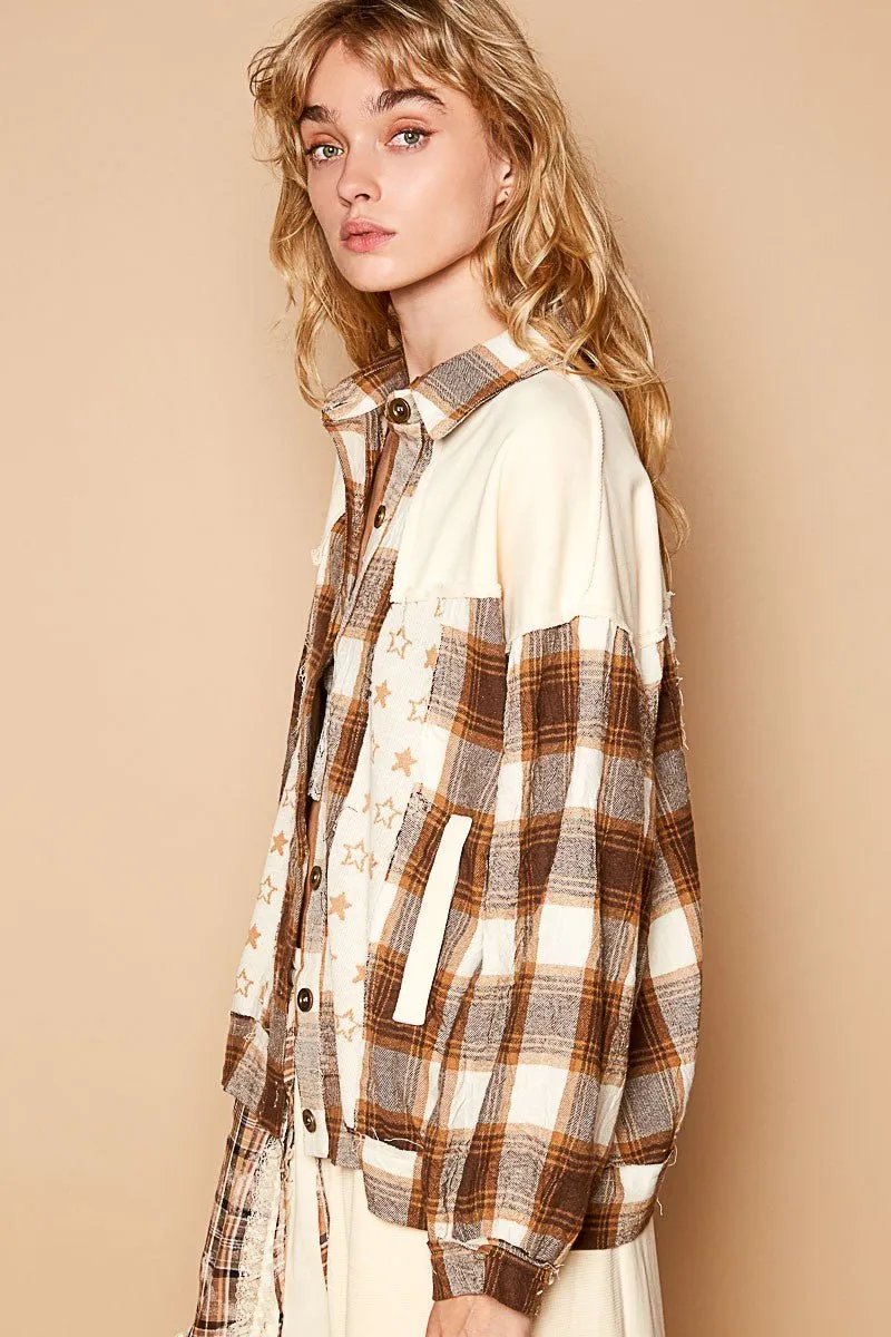 Beige Plaid & Star Patchwork Shacket