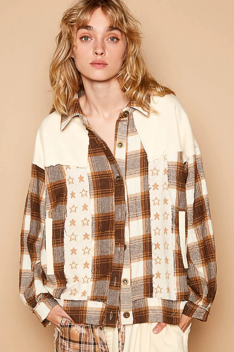 Beige Plaid & Star Patchwork Shacket