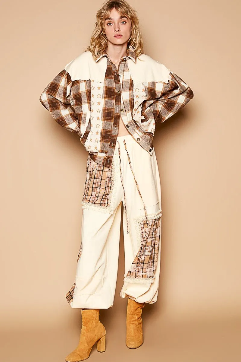 Beige Plaid & Star Patchwork Shacket