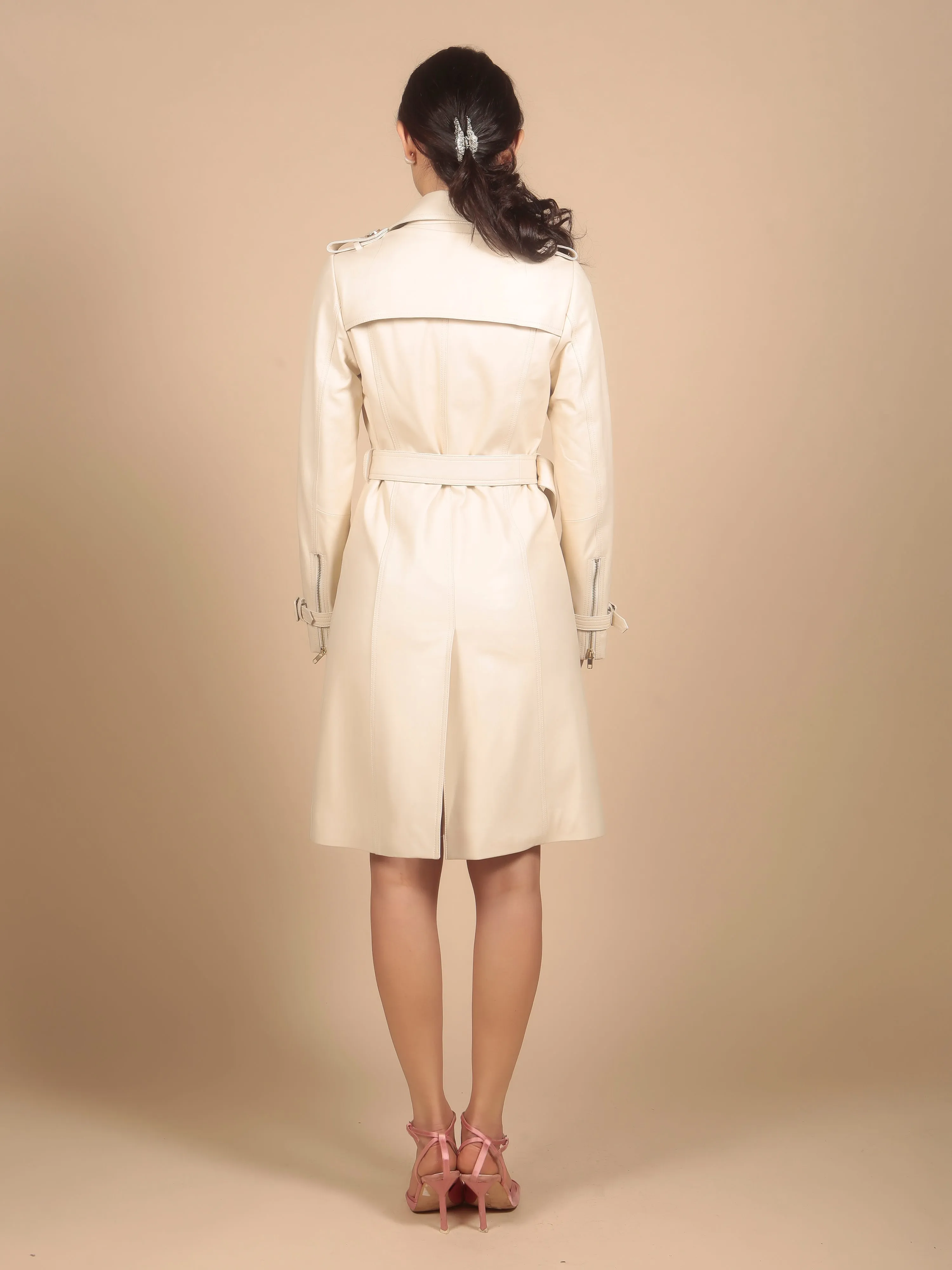 'Belle Du Jour' Leather Trench Coat in Crema