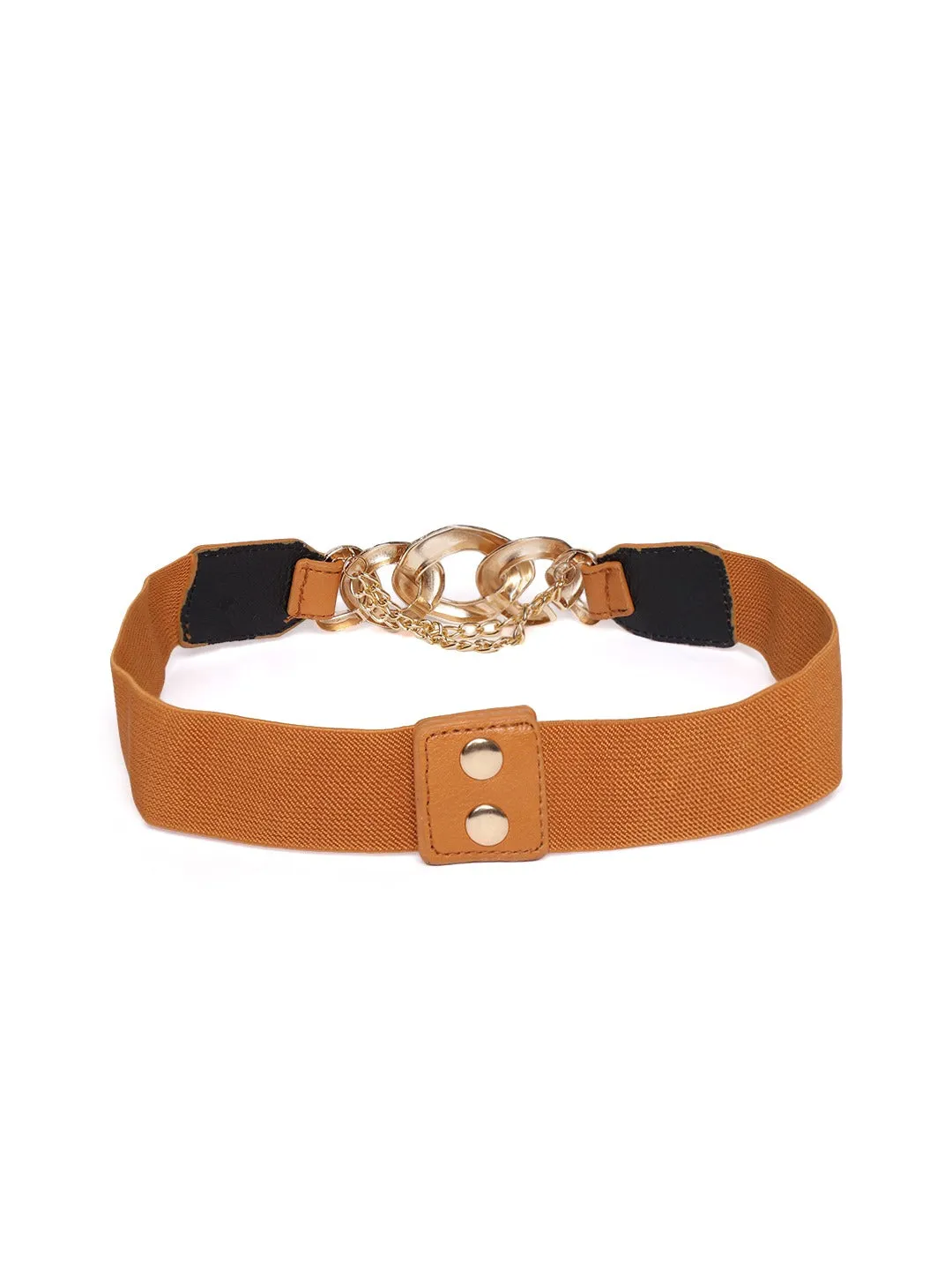 Berrylush Women Tan Brown Elastic Strap Golden Double Chain Buckle Belt