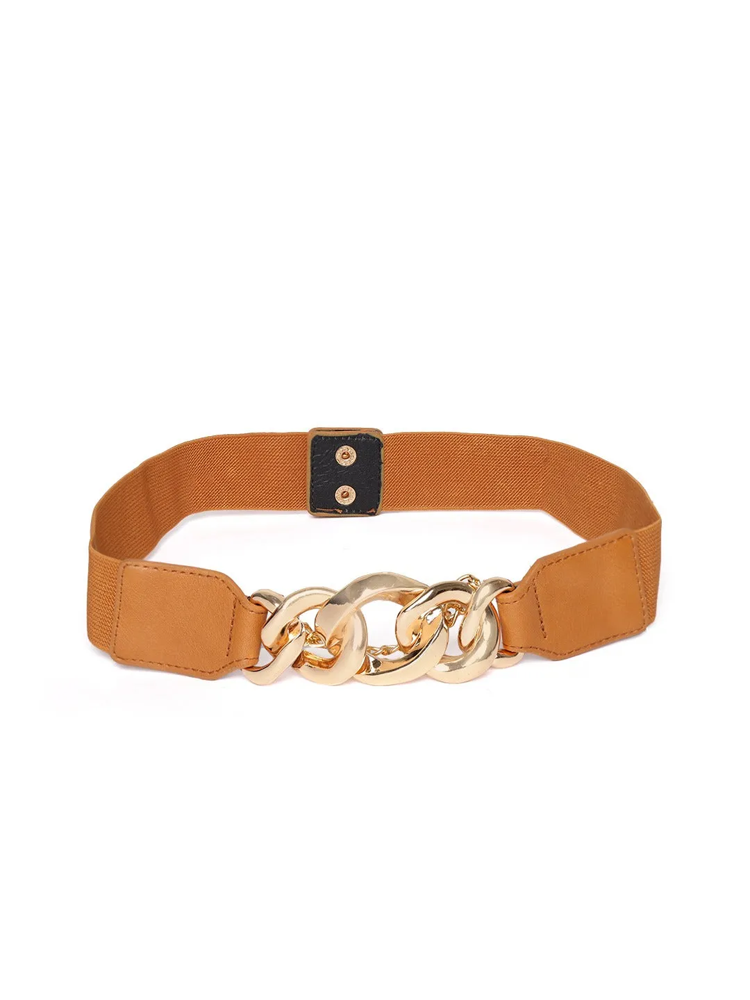 Berrylush Women Tan Brown Elastic Strap Golden Double Chain Buckle Belt