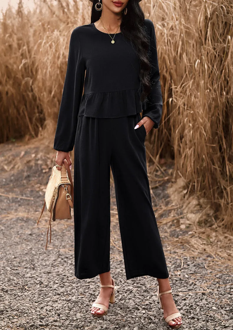 Black 2 Piece Sets Long Sleeve Tops Wide Leg Pants