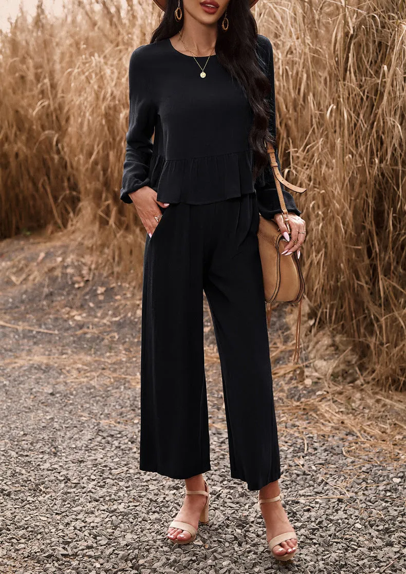 Black 2 Piece Sets Long Sleeve Tops Wide Leg Pants