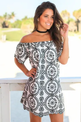 Black and White Off Shoulder Embroidered Short Dress