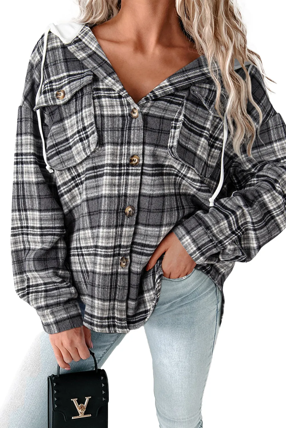 Black Plaid Print Flap Pockets Contrast Hooded Loose Shacket