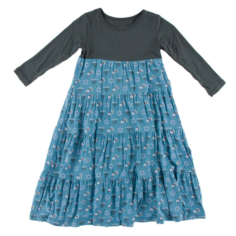 Blue Moon Hanukkah Print Classic Long Sleeve Tiered Dress - Select Size