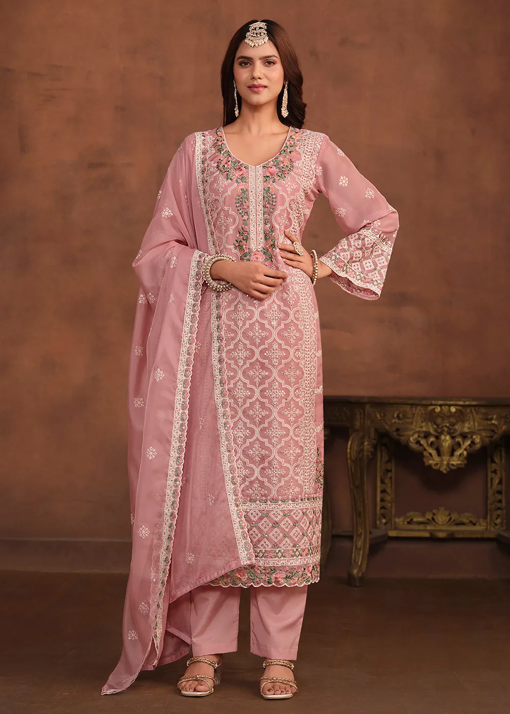 Blush Pink Soft Organza Embroidered Festive Salwar Suit