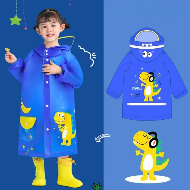 Boys And Girls Dinosaur Cartoon Hooded Raincoat Poncho