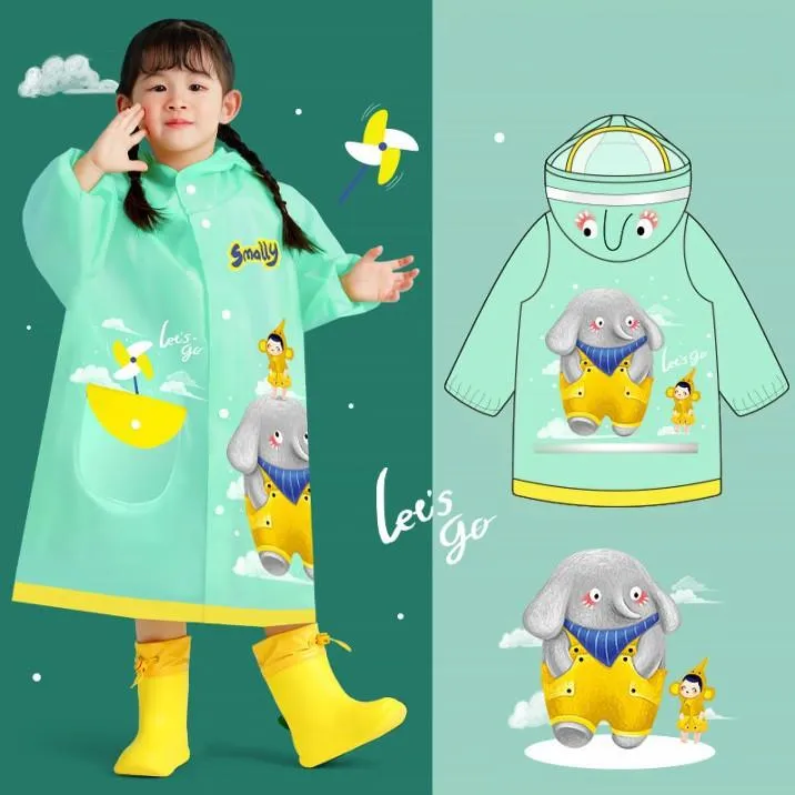 Boys And Girls Dinosaur Cartoon Hooded Raincoat Poncho