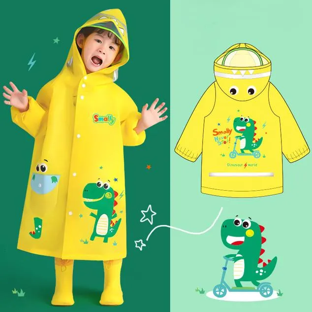 Boys And Girls Dinosaur Cartoon Hooded Raincoat Poncho