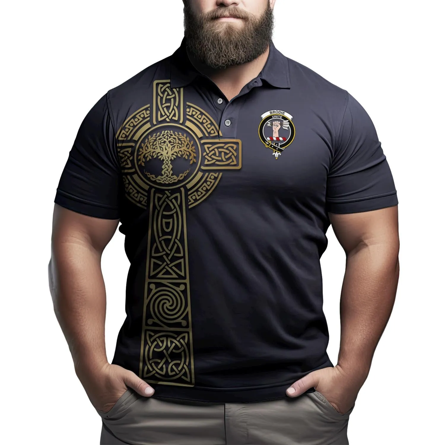 Brodie Clan Polo Shirt with Golden Celtic Tree Of Life