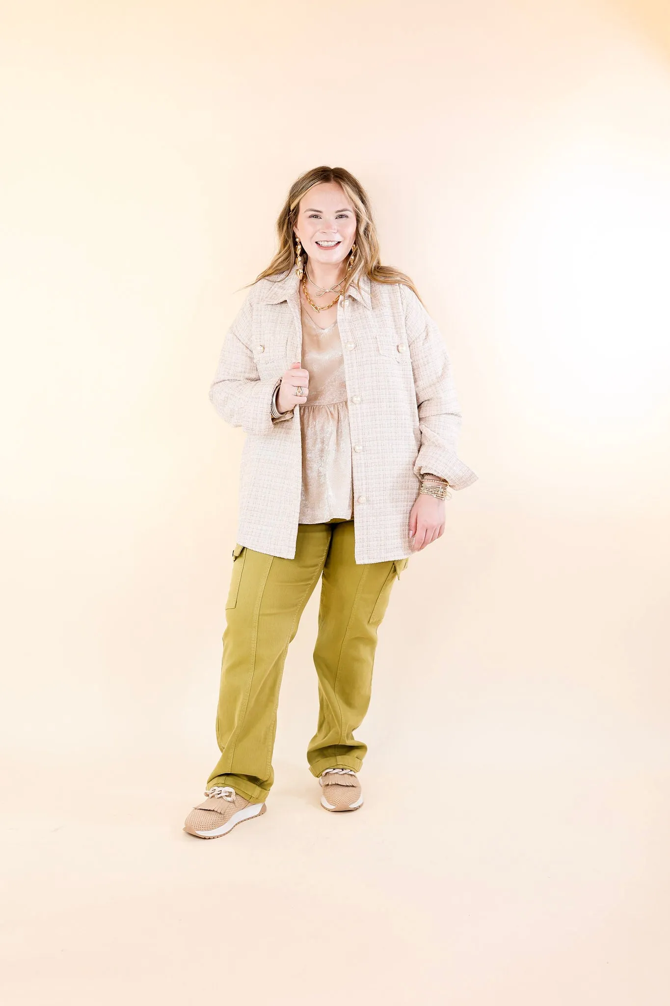 Brooklyn Buzz Pearl Button Up Tweed Shacket in Champagne Beige & Ivory