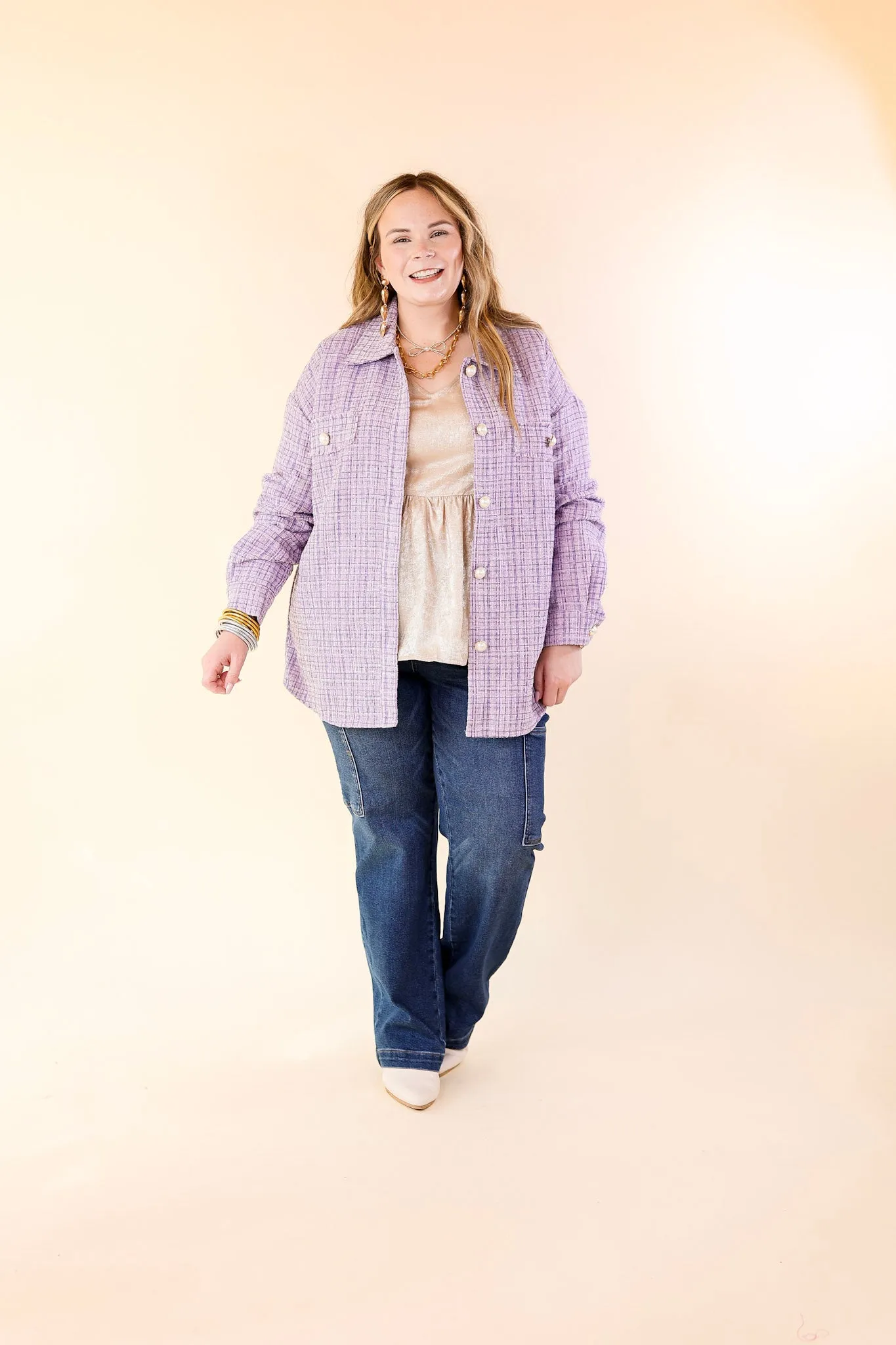 Brooklyn Buzz Pearl Button Up Tweed Shacket in Lavender Purple