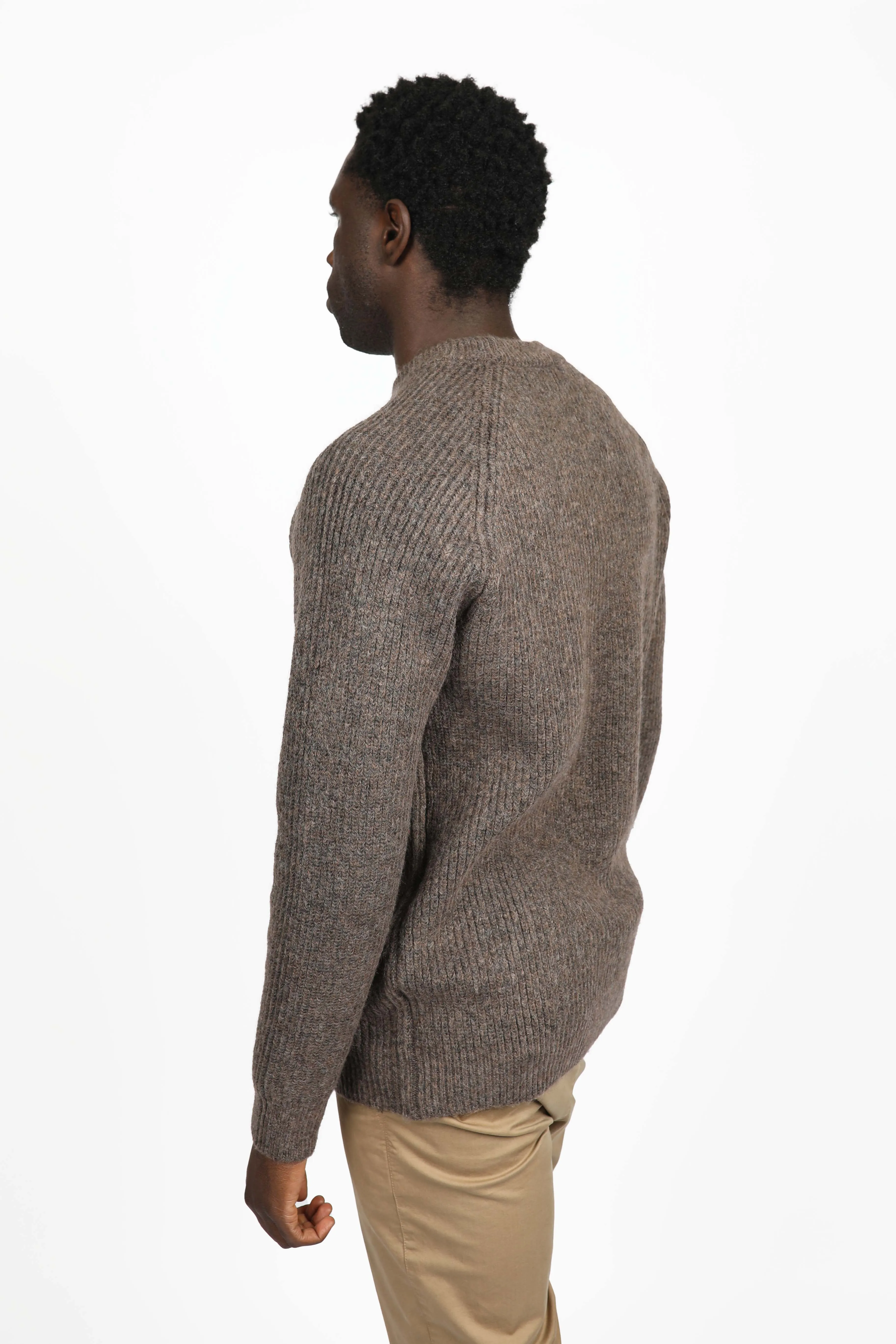 Brown Cotton Nylon Chunky Raglan Crew Neck Jumper