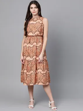 Brown Snake Print Tiered Belted Midi Dress