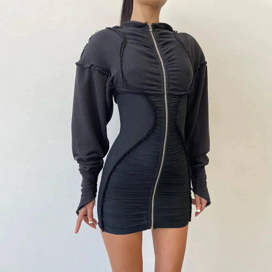 Bulk Orders Fall Women Rucked Casual Dress Hooded Long Sleeve Patchwork Mini Ladies Dress Solid Slim Dress