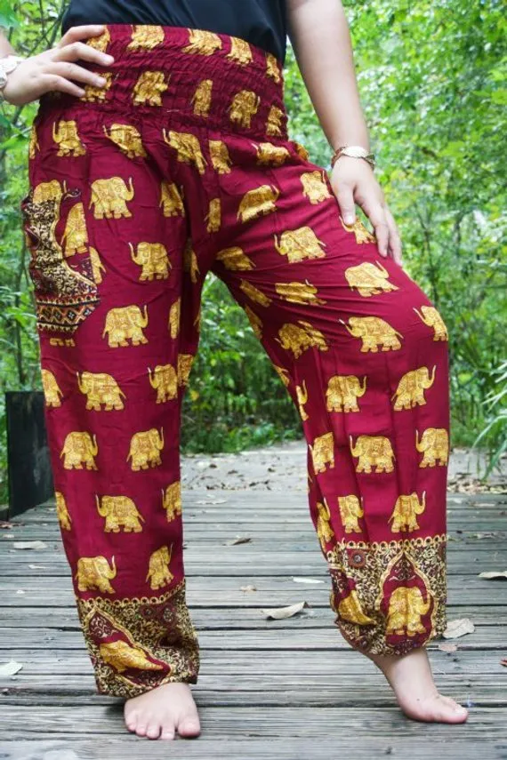 Burgundy ELEPHANT Women Boho Pants Hippie Pants Yoga Pants