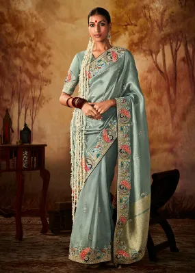 Cadet Blue Wedding Wear Embroidered Kanjivaram Silk Saree