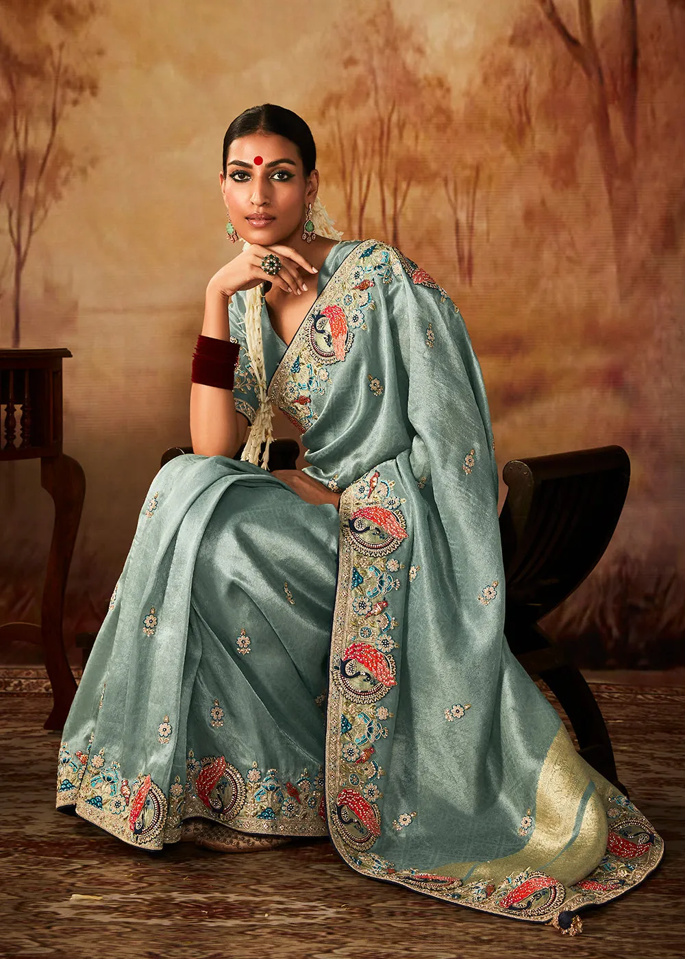 Cadet Blue Wedding Wear Embroidered Kanjivaram Silk Saree