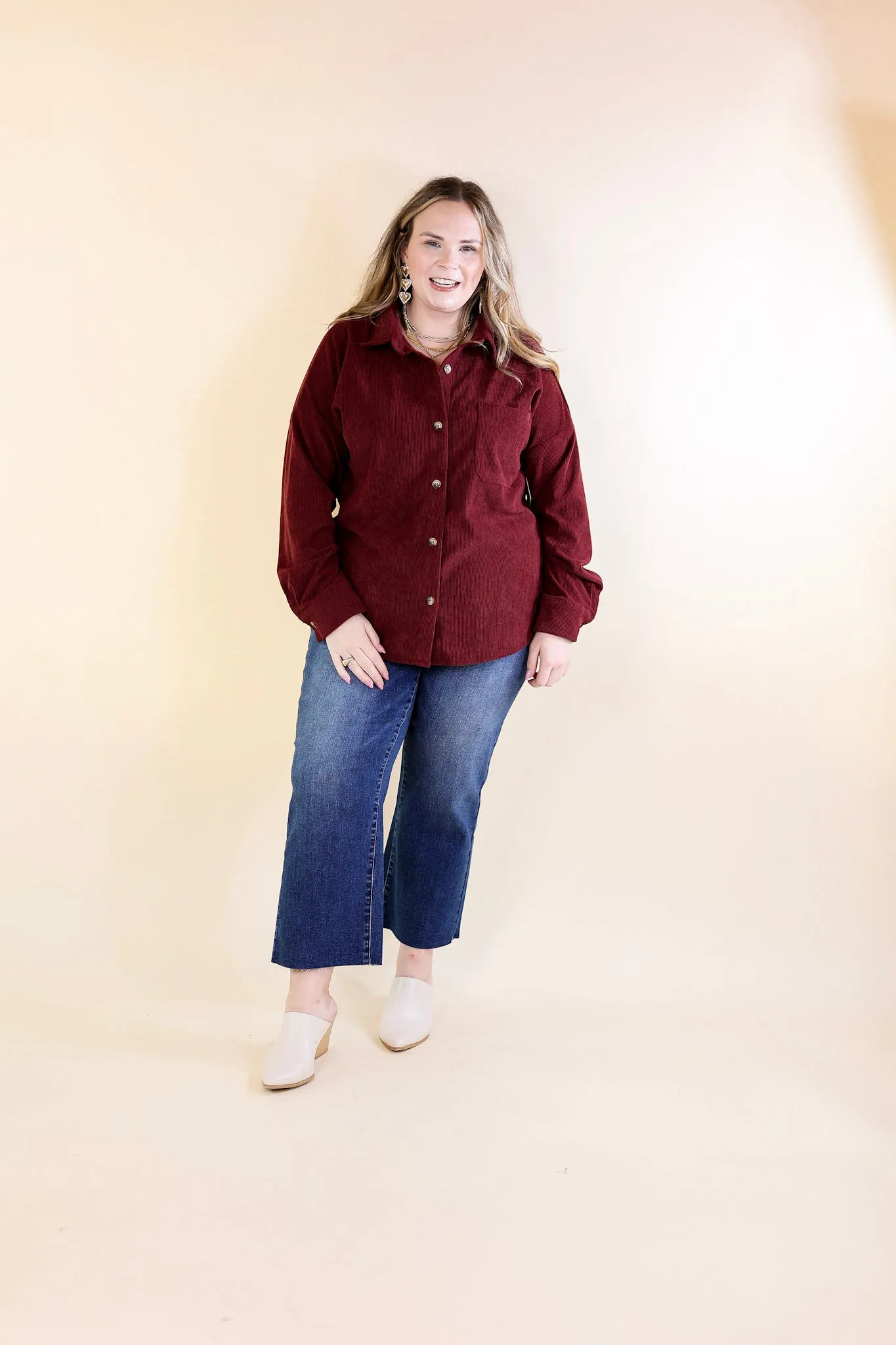 Captivating Cuteness Corduroy Button Up Shacket in Maroon